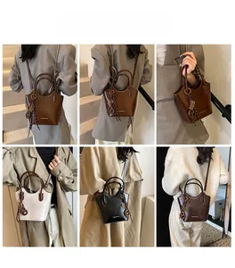 Collage de bolsos cubo de cuero PU que muestra varias opciones de estilo para mujer