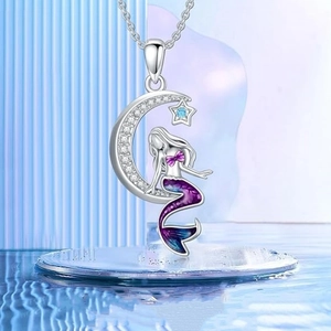 Dreamy mermaid moon pendant necklace with blue star stone and gradient enamel tail