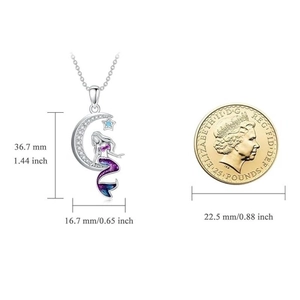 Mermaid and moon pendant necklace with size measurements in millimeters and inches