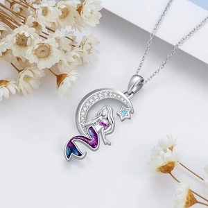 Exquisite mermaid moon necklace with blue stars and purple enamel pendant for women