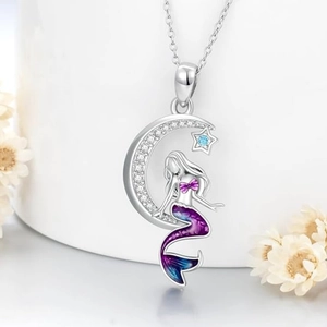 Mermaid On Crescent Moon Star Pendant Necklace Plated Copper Gradient Enamel Cubic Zirconia Romantic Fairy Tale Style Women Jewelry