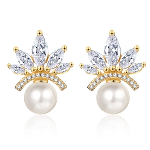 Elegant gold crown stud earrings with white pearls and sparkling marquise zircons