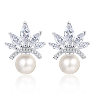 Elegant crown pearl stud earrings with marquise zircon stones in high-quality silver finish