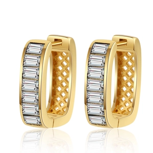 Chic gold-plated U-shaped hoop earrings featuring baguette-cut zircon stones on white background