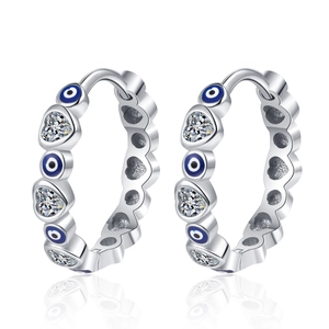 Silver evil eye and heart hoop earrings with blue enamel and sparkling white stones