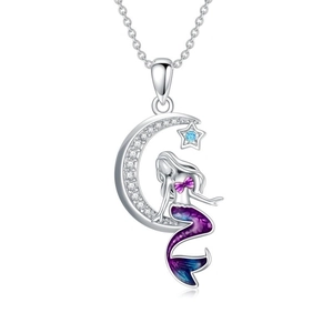 Exquisite mermaid on crescent moon necklace with purple gradient tail and blue star