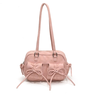 Pink vintage retro shoulder bag featuring decorative bow pockets and pleated design