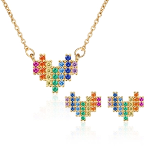 Pixel Heart Necklace And Stud Earrings Copper With Rainbow Cubic Zirconia Elegant Fashion Accessories For Women