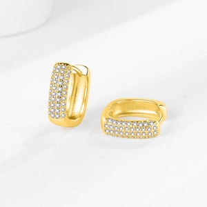 Gold rectangular hoop earrings for men and women featuring pave set cubic zirconia stones