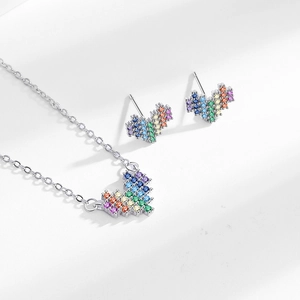 S925 silver jewelry set featuring pixelated rainbow zircon heart necklace and earrings