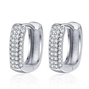 Sliver plated hoop earrings with three rows of micro-paved cubic zirconia and mirror reflection