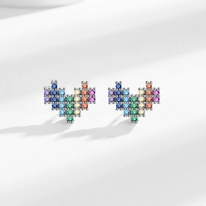 Fashionable pixel heart rainbow earrings with multi-colored cubic zirconia in silver setting