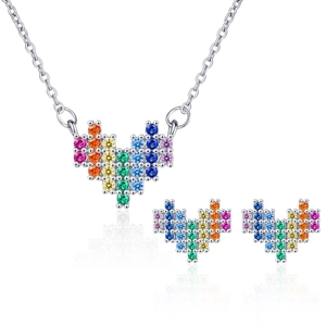 Rainbow pixel heart necklace and stud earrings set with colorful zircon stones