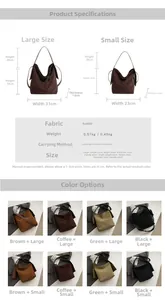 Detailed size chart for large and small suede bucket bags with dimensions in centimeters