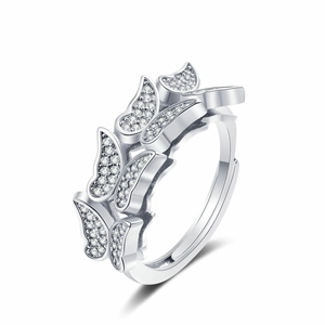 Adjustable silver butterfly ring with layered wings and sparkling zircon pavé setting