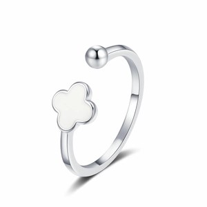 Minimalist silver four-leaf clover open ring with white enamel finish for women