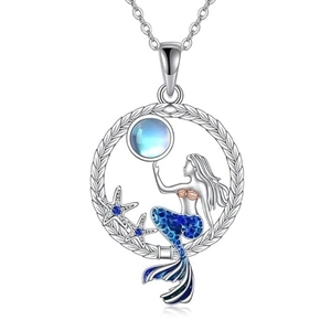 Collier Pendentif Sirène Pierre De Lune Cuivre Thème Océan Nautique Émail Bleu Étoile De Mer Bijoux Mode Cadeau Pour Femmes