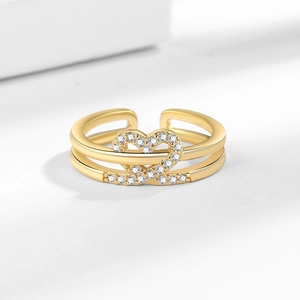 Luxury double-layer heart ring with gold plating and sparkling zircon stones