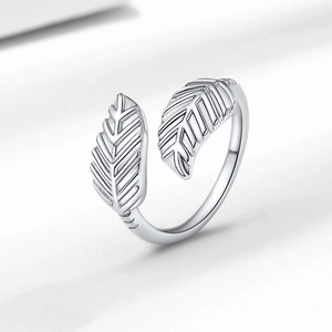 Minimalist 18K gold plated leaf ring with adjustable open band and detailed feather texture