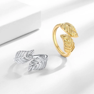 Elegant 18K gold plated leaf rings in gold and silver with adjustable open design