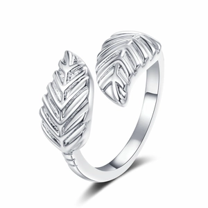 Silver leaf open ring with 18K gold plating and detailed leaf texture in 45-degree view