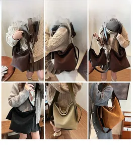 Multiple views of large matte suede tote bags in various neutral colors shown on models