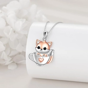Charming silver fox in teacup pendant necklace with rose gold accents and heart pattern