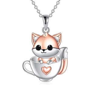 Cute Fox Tea Cup Pendant Necklace Two Tone Copper Electroplated Cartoon Animal Fashion Jewelry For Women