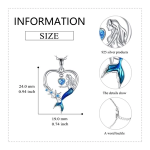 Detailed view of S925 silver mermaid heart necklace with precise size measurements