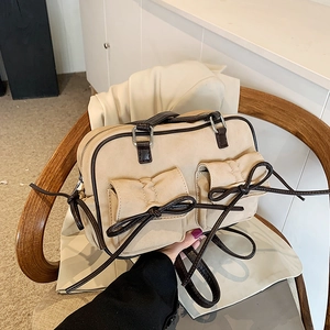 Retro Underarm Shoulder Bag For Women Matte PU Leather With Double Bow Knot Pockets Vintage Large Capacity Niche Fashion Handbag