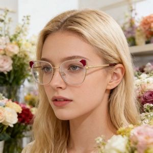 Close-up of cat-eye eyewear with gold metal frame worn by a model in a floral setting