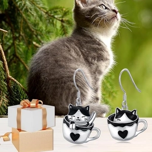 Close-up of cat in a heart cup earrings with gift box packaging for a warm present