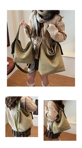 Detail view of large and small olive green hobo bags with wide shoulder strap