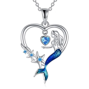 Mermaid Heart Pendant Necklace Copper Platinum Plated Ocean Theme Blue Zircon Starfish Fashion Jewelry For Women