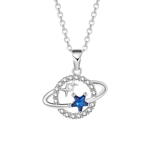 Blue Planet Star Pendant Necklace Copper Micro Pave Zircon Saturn Ring Starry Sky Fashion Jewelry For Women