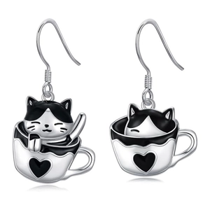 Cute Cat In Cup Dangle Earrings With 925 Sterling Silver Earring Post Asymmetric Enamel Heart Jewelry For Women