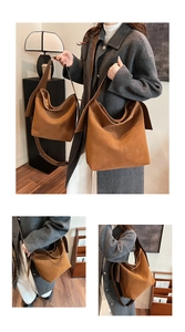 Detailed comparison of brown suede bucket bags in large and small sizes for women