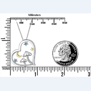 Collier cœur argenté avec pendentif champignon et lune avec guide des tailles