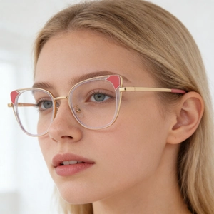 Fashion cat eye metal frame glasses with pink accents for women, trendy gold eyewear