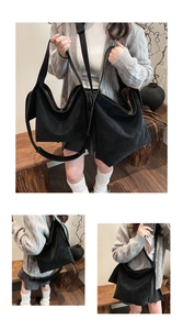 Detail of a minimalist black suede bucket bag showing large capacity and soft texture