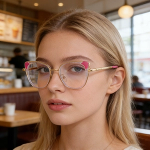 Fashionable cat-eye glasses with gold metal frames and pink accents worn by a model