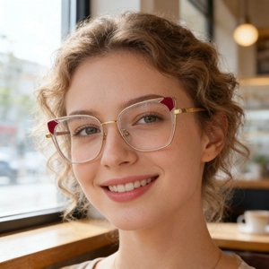 Close-up of cat-eye optical frames with transparent acetate, gold metal and red accents