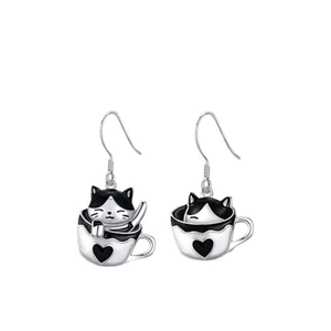 Asymmetric black and white cat coffee cup heart earrings in S925 sterling silver hooks