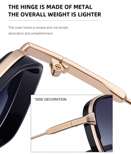 Détails de la charnière en métal doré et des ornements latéraux sur lunettes noires