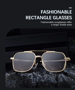 Close-up of golden rectangular sunglasses with double bridge and CE mark detail