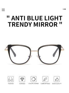 Detail of cat-eye frames featuring anti-blue light lenses and gold metal accents