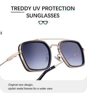 Detail of square black and gold metal double bridge frame with gradient blue-purple lenses
