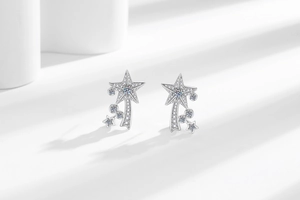 Detailed view of silver star stud earrings with pave crystals on minimalist white surface
