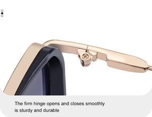 Detail view of the durable golden metal hinge on square black fashion sunglasses