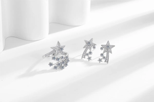 Detailed view of silver meteor ring and stud earrings set with sparkling cubic zirconia